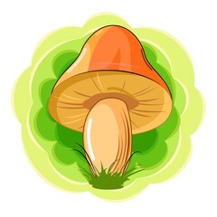 Orange mushroom on an abstract background. Picture. Vector isolated on white. Cartoon flat style. Beautiful little forest mushroom in the grass.