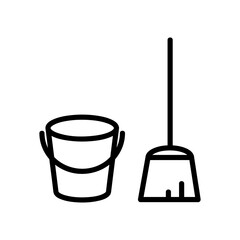 Outline icon besom with stick and pail with handle. Silhouette broom and bucket simple line vector template. Linear style sign for mobile concept and web design. Symbol, logo illustration.