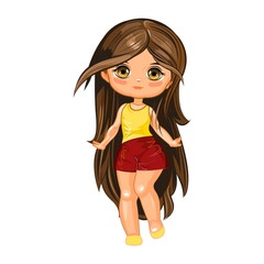 A cute little girl in shorts and a T-shirt. Cheerful funny child in a good mood. The isolated object on a white background. Young baby. Cartoon flat style. Vector