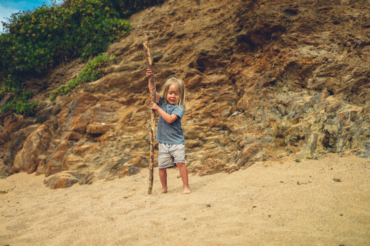 Preschooler standing on the beach with a big stick