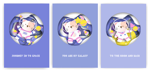 Set of baby shower greeting cards with a cute cat on the galaxy.