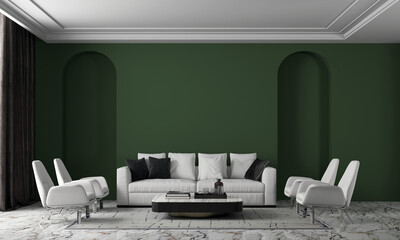 Modern cozy mock up interior design of green living room and green decoration wall pattern background 