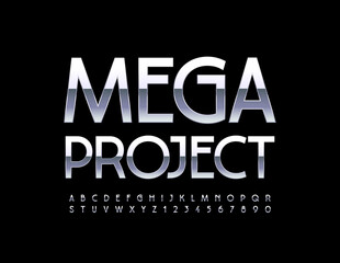 Vector premium sign Mega Project. Shiny silver Font. Elegant metallic Alphabet Letters and Numbers set