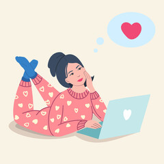 A girl in pajamas is lying on the floor and uses a laptop for remote communication.Lonely girl in quarantine celebrates the feast on the occasion of Valentine's Day. vector illustrations