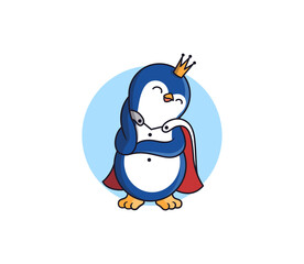 The baby penguin is a prince. The emblem is a cartoonish animal with a crown and a mantle. Good for kids designs, t-shirts, clothes, stickers, etc. The character is a vector illustration