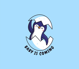 The Penguin is hatching out of the egg. Cartoonish animal with a lettering phrase baby is coming. Good for kid designs, t-shirts, clothes, stickers, etc. Vector illustration