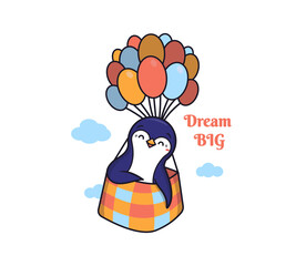 A penguin is flying in hot-air balloons. The cartoonish character is rising across the sky