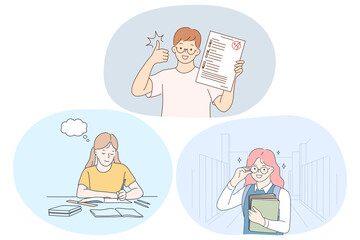 Success in studying, excellent school pupils concept. Smiling school boy and girls cartoon characters having excellent marks for educational exams and showing good knowledge in class illustration