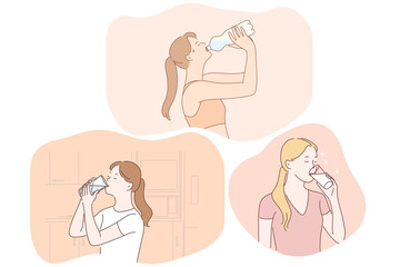 Drinking pure water, liquid, health concept. Young women cartoon characters drinking clear still water from bottle or glass at home or during workout. Detox, diet, refreshment vector illustration 