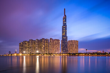 View of Landmark 81 building at night. It is a super tall skyscraper in Ho Chi Minh City, Vietnam.