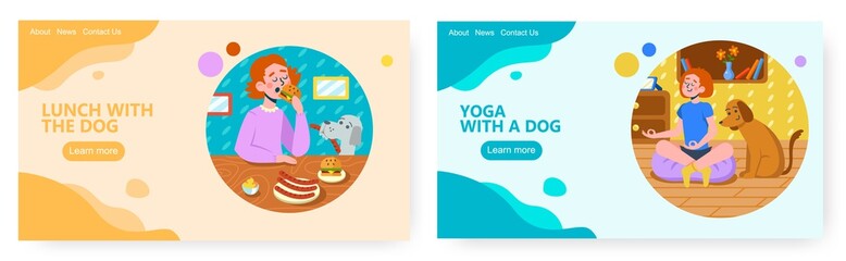 Dog eats sausage with her owner from dinning table. Home pet vector illustration. Woman is doing yoga meditation next to her dog. Animal lover lifestyle