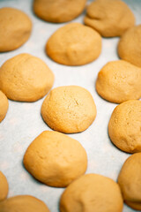 Fototapeta na wymiar Chocolate nut biscuits being prepared for baking, food background.