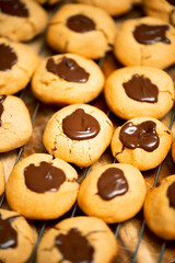 Chocolate nut biscuits being prepared for baking, food background.