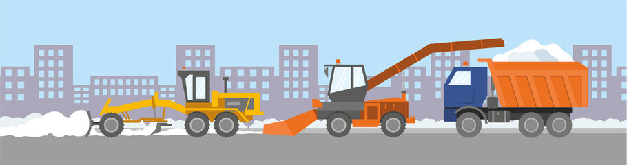 Snow removal equipment: an orange snow blower and a truck covered with snow. Finished illustration: winter snowfall in the city, the problem of cleaning and removing snow. Flat infographics. Vector