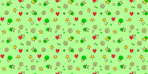 Seamless pattern of simple elements stars hearts points circles rounds rings spirals helixes in doodle style. For background, wrapping paper, birthday, fabric, textile, holiday texture