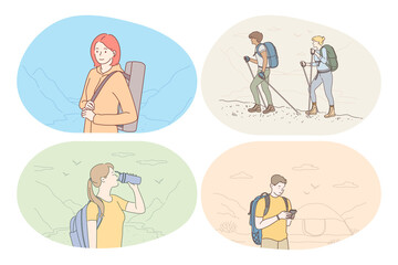 Hiking, tourism, trekking on nature in mountains concept. Young people hikers with backpacks travelling to mountains, orienting on route, drinking water during outdoor vacation. Active sport lifestyle