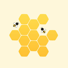 Honeycomb with bee cartoon icon or logo on yellow background vector illustration.