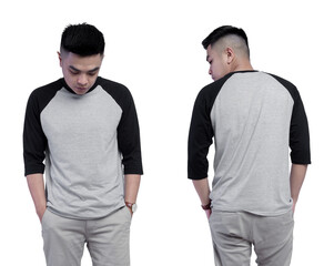 Handsome man wearing black heather grey raglan t shirt in front and back view