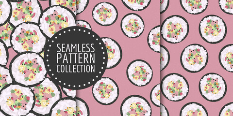 Korean street food. Kimbap, also known as gimbap. Seamless patterns set. Vector illustration