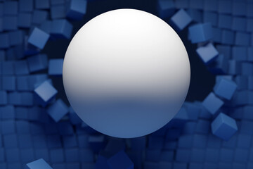 3d illustration of a large white ball bursting out of a wall of blue cubes. Technology geometry  background. Flying ball and cubes