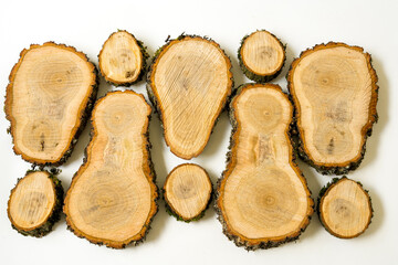 Set of Oak trees slice with tree rings and bark as wood texture background