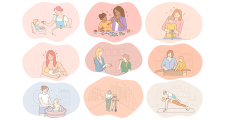 Fototapeta na wymiar Mother and child, motherhood, home activities with children concept. Young women mothers feeding, playing, drawing, washing, practicing yoga, communicating and teaching children vector illustration 