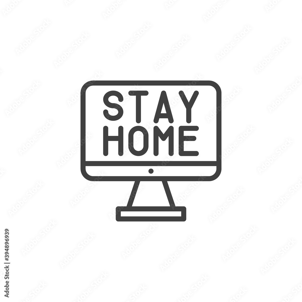 Fototapete Computer monitor with stay home text line icon. linear style sign for mobile concept and web design. Work from home outline vector icon. Symbol, logo illustration. Vector graphics