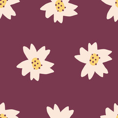 Cute Repeat Tulip Wildflower Pattern with maroon red background. Seamless floral pattern. white tulip. Stylish repeating texture. 