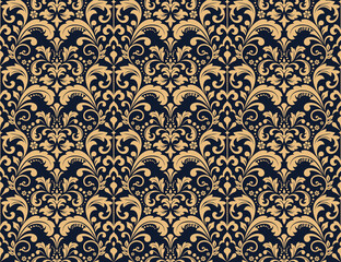Wallpaper in the style of Baroque. Seamless vector background. Gold and dark blue floral ornament. Graphic pattern for fabric, wallpaper, packaging. Ornate Damask flower ornament