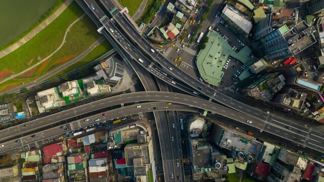 sunny day taipei river traffic road junction bridge aerial down view 4k timelapse taiwan