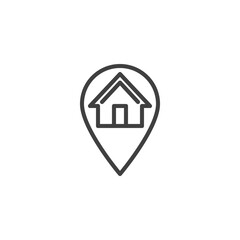 Home location pin line icon. linear style sign for mobile concept and web design. Map marker with house outline vector icon. Symbol, logo illustration. Vector graphics