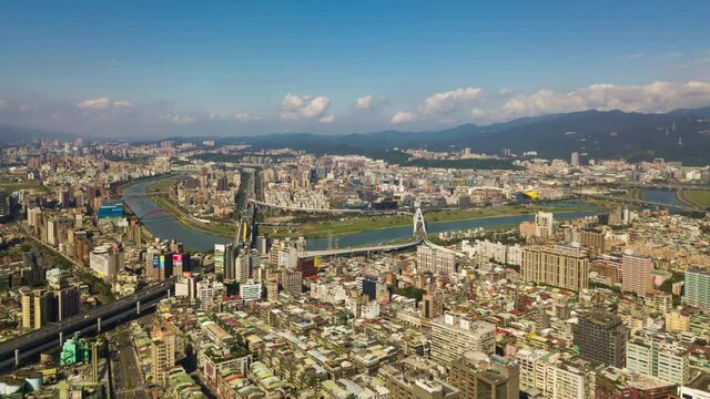 Sunny Day Taipei Cityscape River Bridges Aerial Panorama 4k Timelapse Taiwan