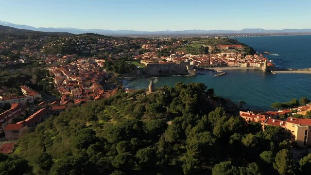 Aerial view of Collioure and Fort Saint Elme France sunny day mediterranean city