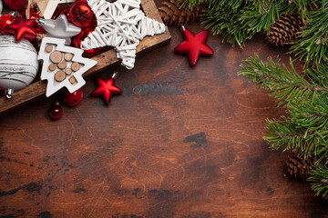 Christmas greeting card with fir tree and decor