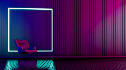 Modern room with armchair and glowing lines in empty room.