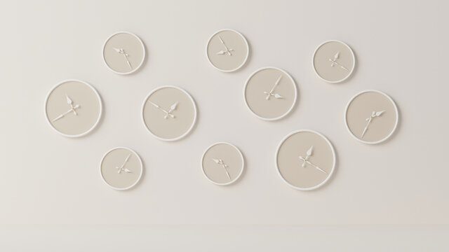 An some clocks on cream and beige background .Light background with space for copy. 3d render. Time concept Analog clock on modern simple pastel style background for web page, picture frame background