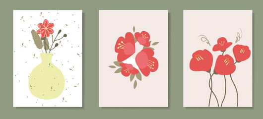 Collection of color posters in flat style. The drawn elements are cut out of paper. Red Japanese Camellia in a vase, plants and abstract figures on an isolated background for postcards and banners.
