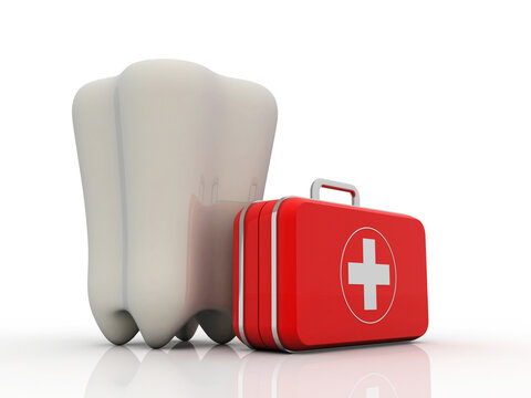 3d rendering healthy tooth with first aid box