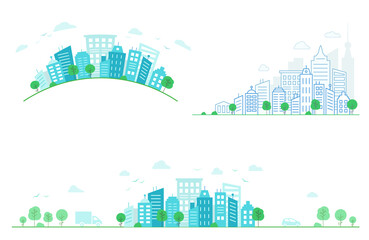 Set of cityscapes. City street with cars. A city with thin lines. Vector illustration. Urban city landscape