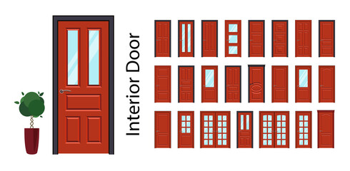 Interior doors in red. Big collection of vector doors. Doors with or without glass. Realistic vector illustration isolated on white background.