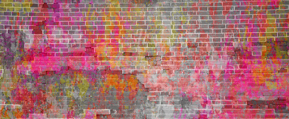 Banner multicolored brick wall. Bright pink yellow and white paint on brick texture. - Powered by Adobe