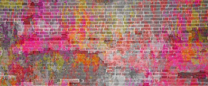 Banner multicolored brick wall. Bright pink yellow and white paint on brick texture.