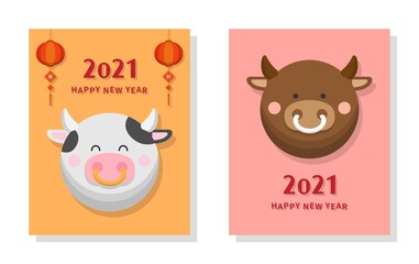Simple and elegant Chinese New Year card, bull and cow with lantern, celebrating Chinese festival, cartoon comic vector illustration