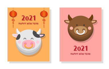 Obraz premium Simple and elegant Chinese New Year card, bull and cow with lantern, celebrating Chinese festival, cartoon comic vector illustration