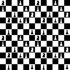 Chess board seamless pattern with figures. Classic chess background. Template black and white chess board for fabric, paper and design vector illustration
