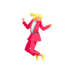 Excited woman happily jumping. Positive female person celebrating victory, rejoicing freedom. Happiness, rejoice and fun concept cartoon vector illustration isolated on white background