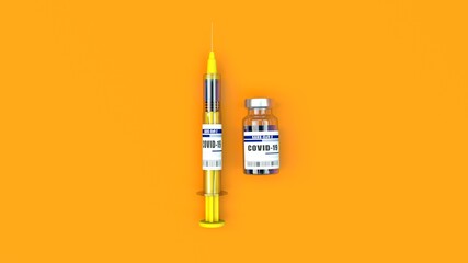 A syringe and bottle of COVID-19 vaccine on yellow background. 3d illustration - obrazy, fototapety, plakaty