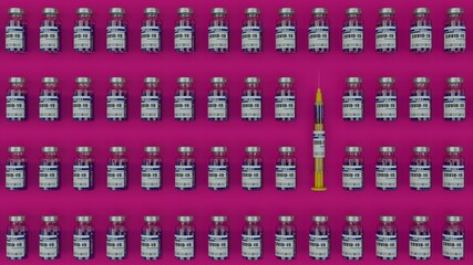A syringe and many bottles of COVID-19 vaccine on a pink background.  3d illustration