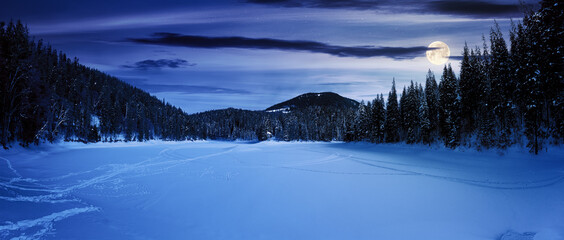 snow covered mountain lake at night. green spruce trees on the shore in full moon light. clouds on the sky
