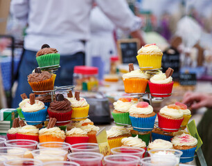 Cup cakes on display at a farmers market at an Agricultural Show in Wales - UK